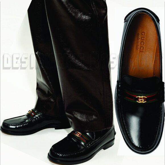 Gucci 13 black KAVEH polished Leather DOUBLE G WEB detail Loafer Shoes NIB - Picture 11 of 13